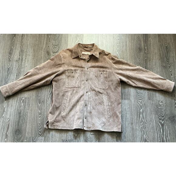 Vintage Perry Ellis Suede Leather Tan Brown Button Up Jacket Shirt Mens Large - Picture 1 of 8